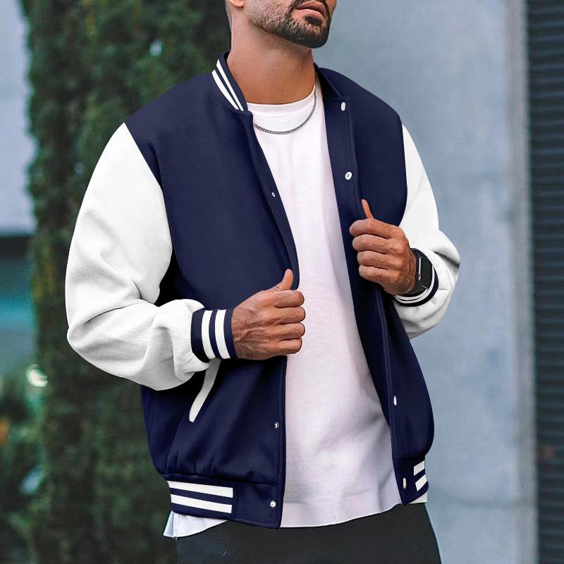 Men's Color Block Stand Collar Single Breasted Baseball Jacket