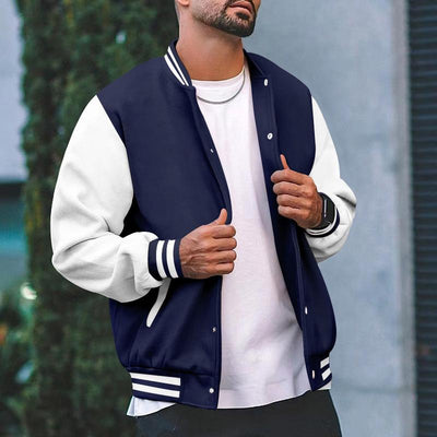 Men's Color Block Stand Collar Single Breasted Baseball Jacket