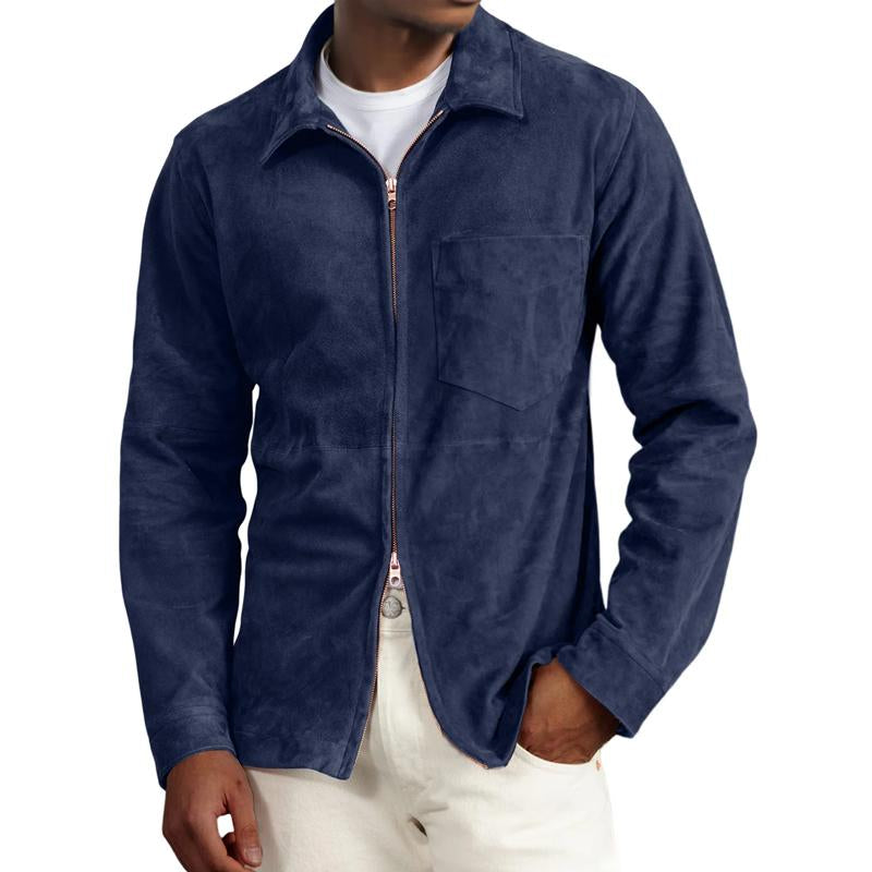 Men's Solid Suede Lapel Chest Pocket Jacket