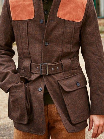 Suede Wool Patchwork Double Pocket Lace-Up Casual Jacket