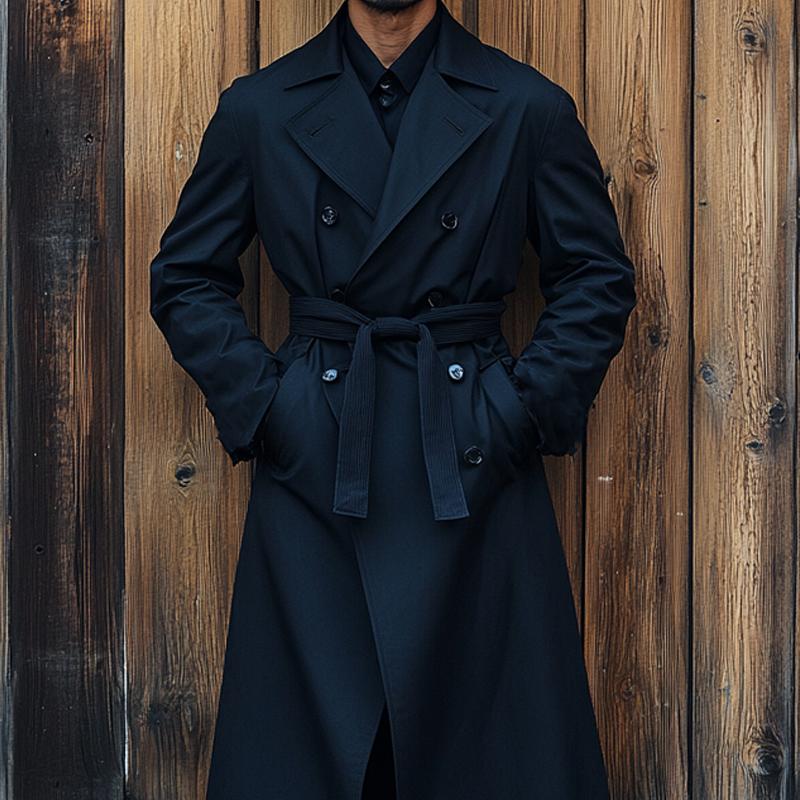 Men's Vintage Black Double Breasted Long Trench Coat 95286862U