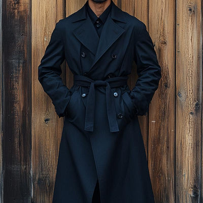 Men's Vintage Black Double Breasted Long Trench Coat 95286862U