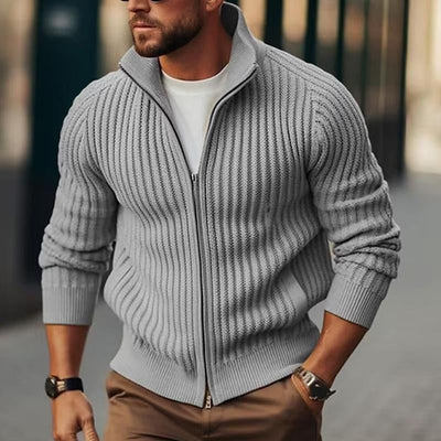 Men's Casual Solid Color Stand Collar Zipper Knitted Long-Sleeved Cardigan 49236387M
