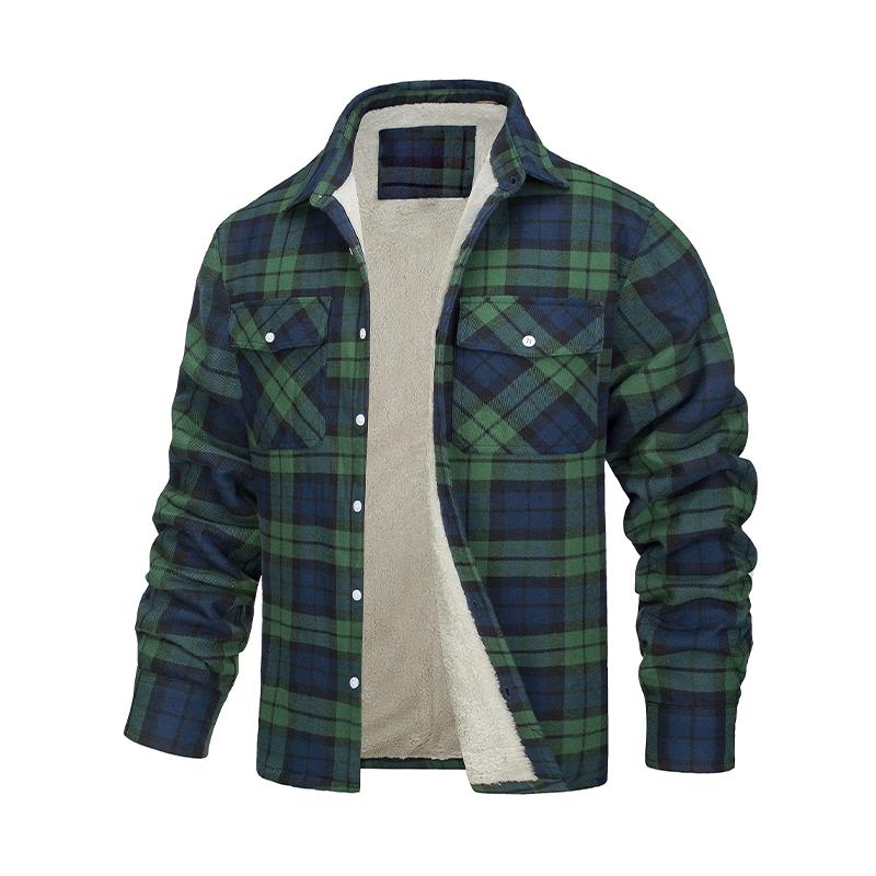 Men's Classic Casual Long Sleeve Lapel Plaid Plush Jacket