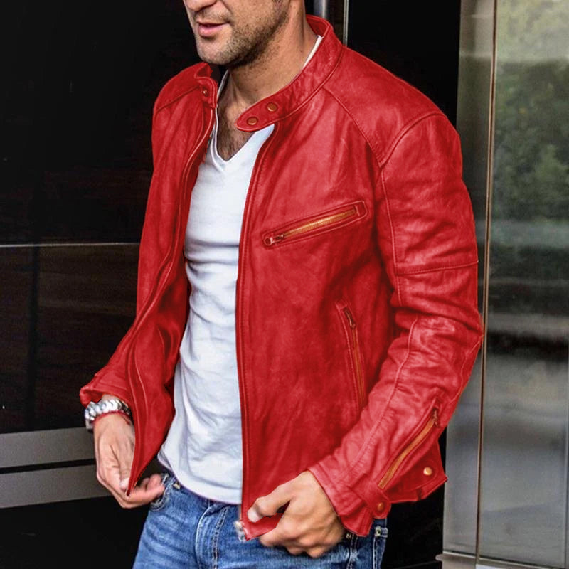 Men's Vintage Stand Collar Punk Zipper Leather Biker Jacket