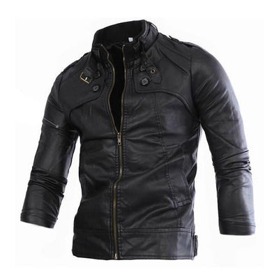 Men's Stand Collar Zip Leather Jacket