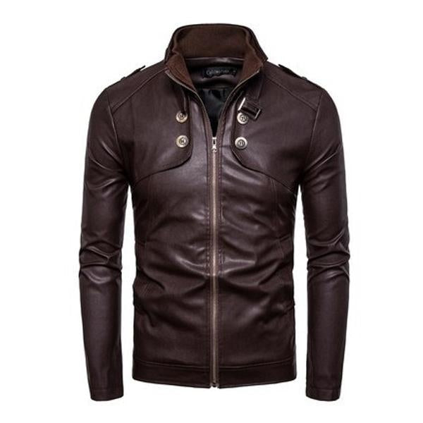 Men's Stand Collar Zip Leather Jacket