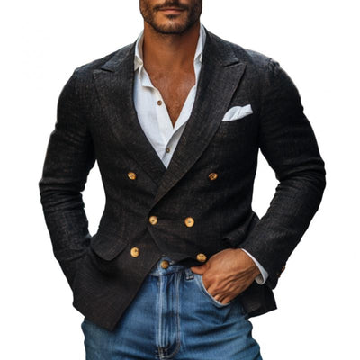 Vintage Cotton Linen Peaked Lapel Double-Breasted Slim-Fit Blazer
