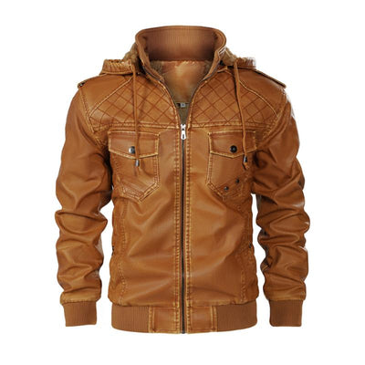 Men's Vintage Stand Collar Hooded Multi-Pocket Leather Jacket