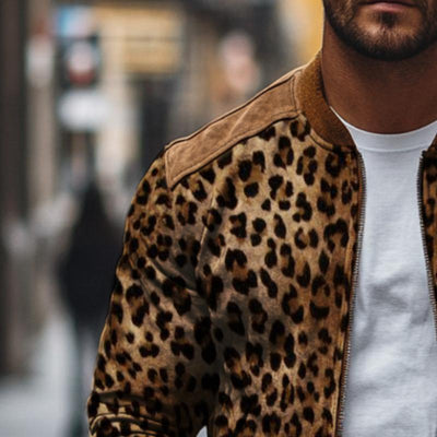 Men's Vintage Casual Leopard Print Zip-Up Bomber Jacket