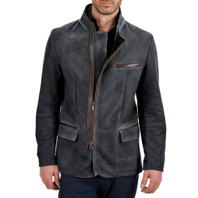 Vintage Stand Collar Suede Contrast Leather Zipper Placket Blazer