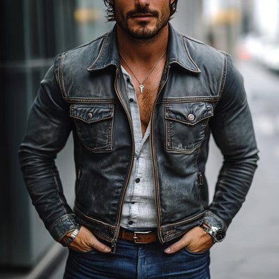 Men's Fashion Washed Distressed Lapel Chest Pocket Denim Jacket