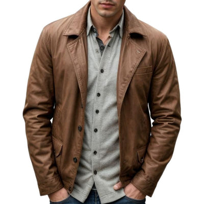 Vintage Leather Notched Lapel Single Breasted Loose Fit Blazer