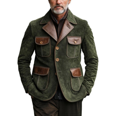 Vintage Suede and Leather Multi-Pocket Single-Breasted Blazer