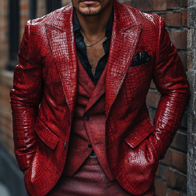 Classic Lapel Red Crocodile Pattern Leather Blazer