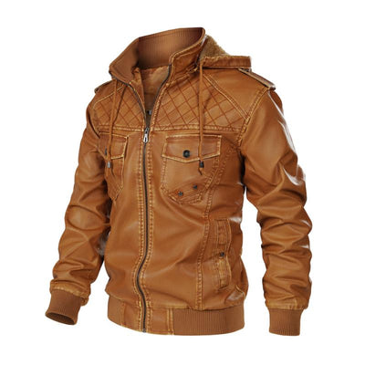 Men's Vintage Stand Collar Hooded Multi-Pocket Leather Jacket