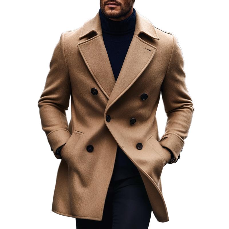 Men's Fashion Solid Lapel Double Breasted Mid-length Coat 21978924Z