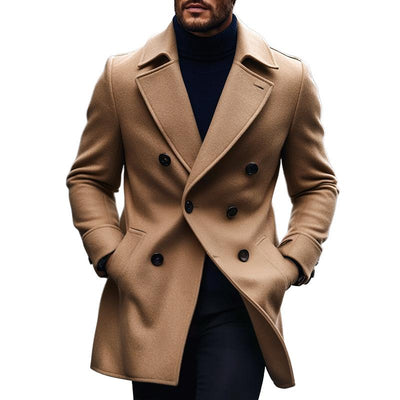 Men's Fashion Solid Lapel Double Breasted Mid-length Coat 21978924Z