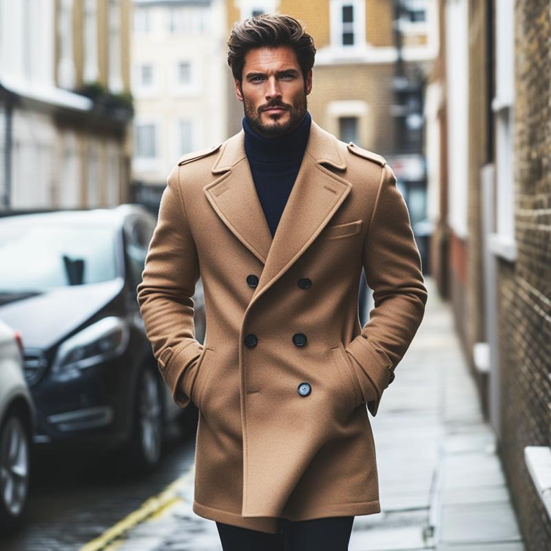 Men's Fashion Solid Notch Lapel Double Breasted Mid-length Coat 37867972Z