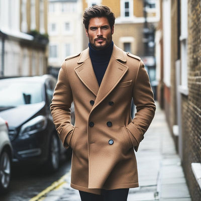 Men's Fashion Solid Notch Lapel Double Breasted Mid-length Coat 37867972Z