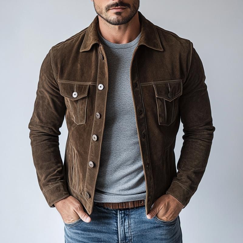 Men's Vintage Suede Buttons Multi-Pocket Lapel Jacket