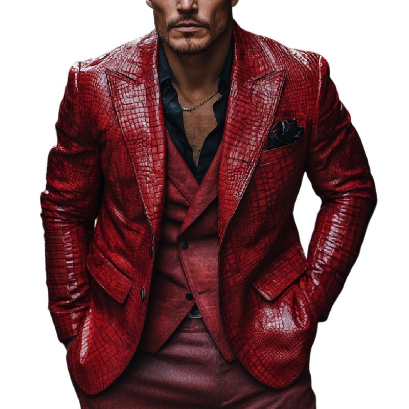 Classic Lapel Red Crocodile Pattern Leather Blazer