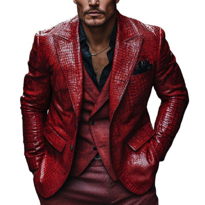Classic Lapel Red Crocodile Pattern Leather Blazer