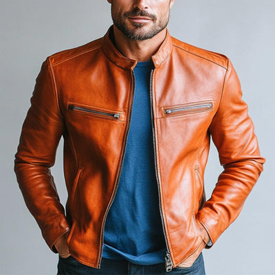 Men's Classic Casual Slim Stand Collar Leather Jacket