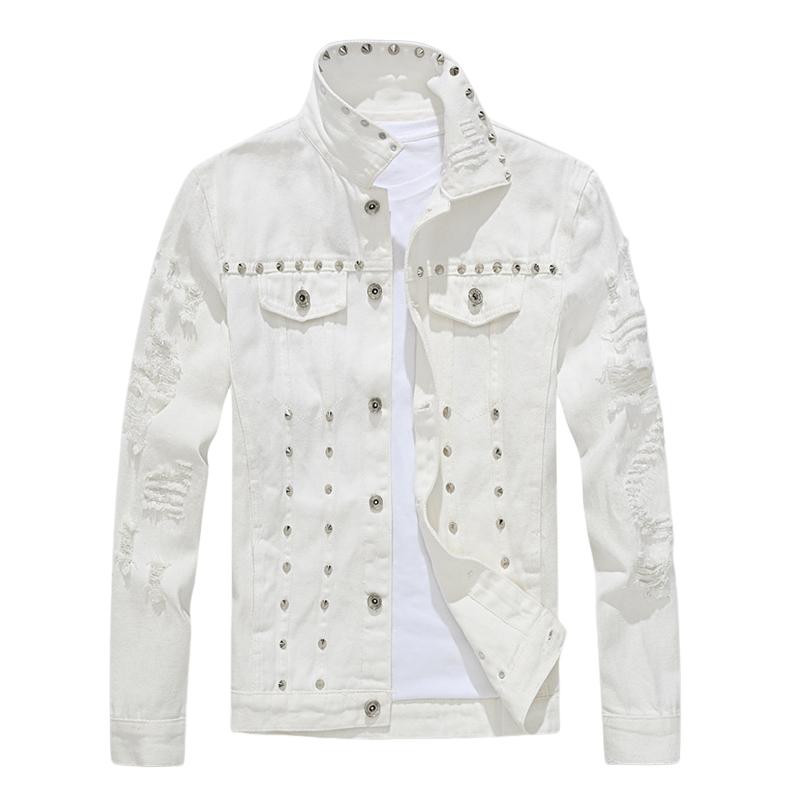 Men's Riveted Motorcycle Denim Ripped Jacket