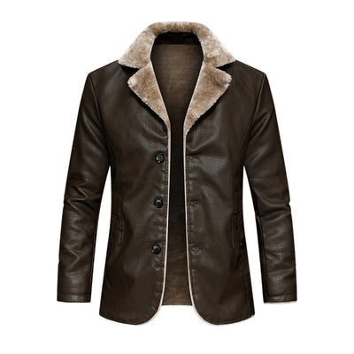 Retro Lapel Plush Lining Warm Leather Blazer