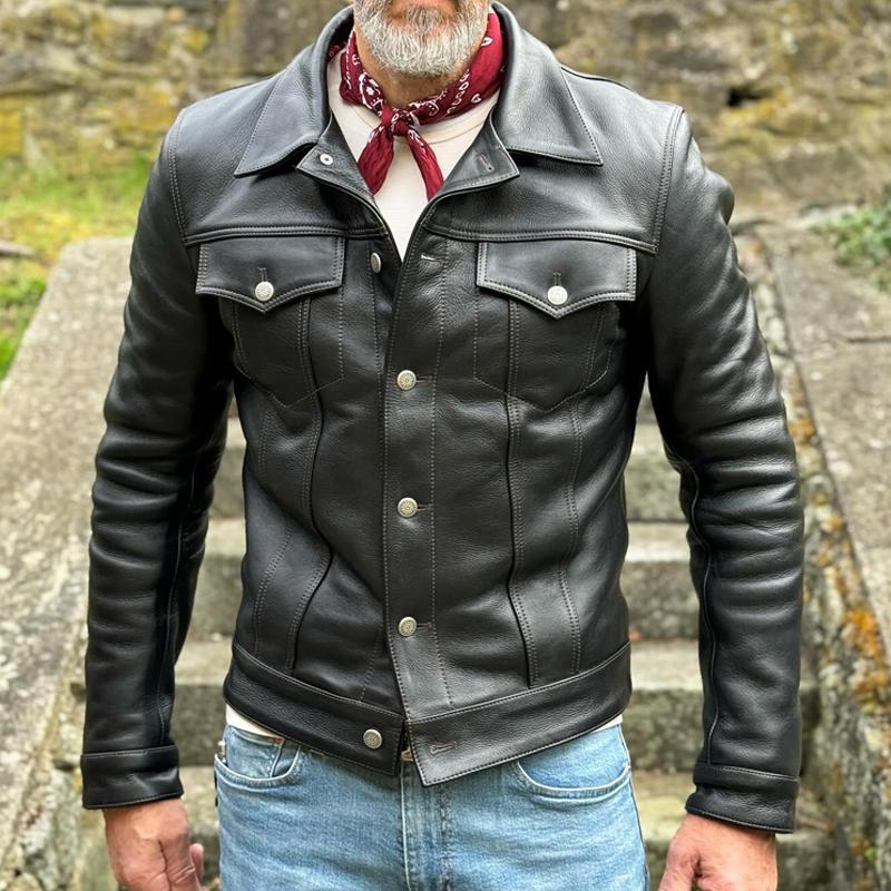 Men's Vintage Leather Lapel Chest Pocket Single Breasted Casual Jacket