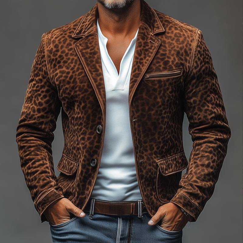 Vintage Leopard Suede  Notch Lapel Multi-pocket Single Breasted Blazer