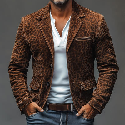 Vintage Leopard Suede  Notch Lapel Multi-pocket Single Breasted Blazer