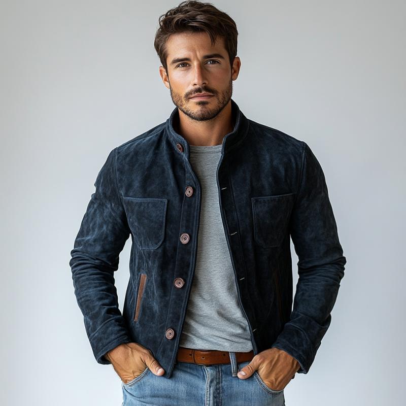 Men's Vintage Suede Buttons Multi-Pocket Stand Collar Jacket