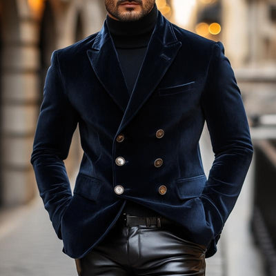 Vintage Elegant Velvet Peaked Lapel Double Breasted Slim Fit Blazer