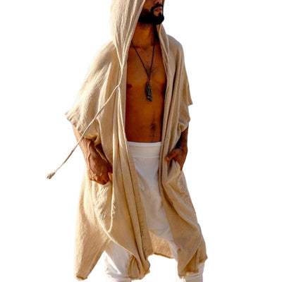 Men's Solid Color Cotton And Linen Hooded Half Sleeve Casual Cardigan 37180694Z
