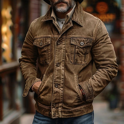 Men's Vintage Washed Denim Lapel Single Breasted Slim Fit Long Sleeve Jacket