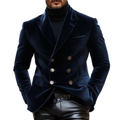 Vintage Elegant Velvet Peaked Lapel Double Breasted Slim Fit Blazer