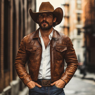 Men's Vintage Lapel Zipper Slim Fit Distressed Leather Jacket