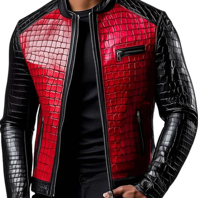 Men's Stylish Stand Collar Zipper Stone Pattern Leather Jacket