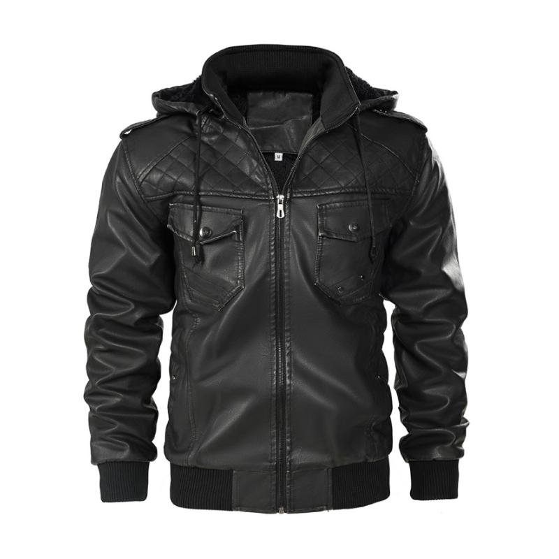 Men's Vintage Stand Collar Hooded Multi-Pocket Leather Jacket