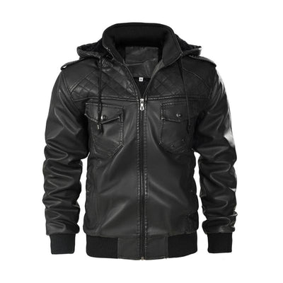 Men's Vintage Stand Collar Hooded Multi-Pocket Leather Jacket
