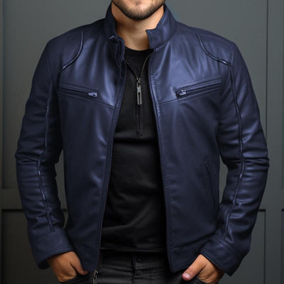 Men's Vintage Stand Collar Zipper Slim Leather Jacket