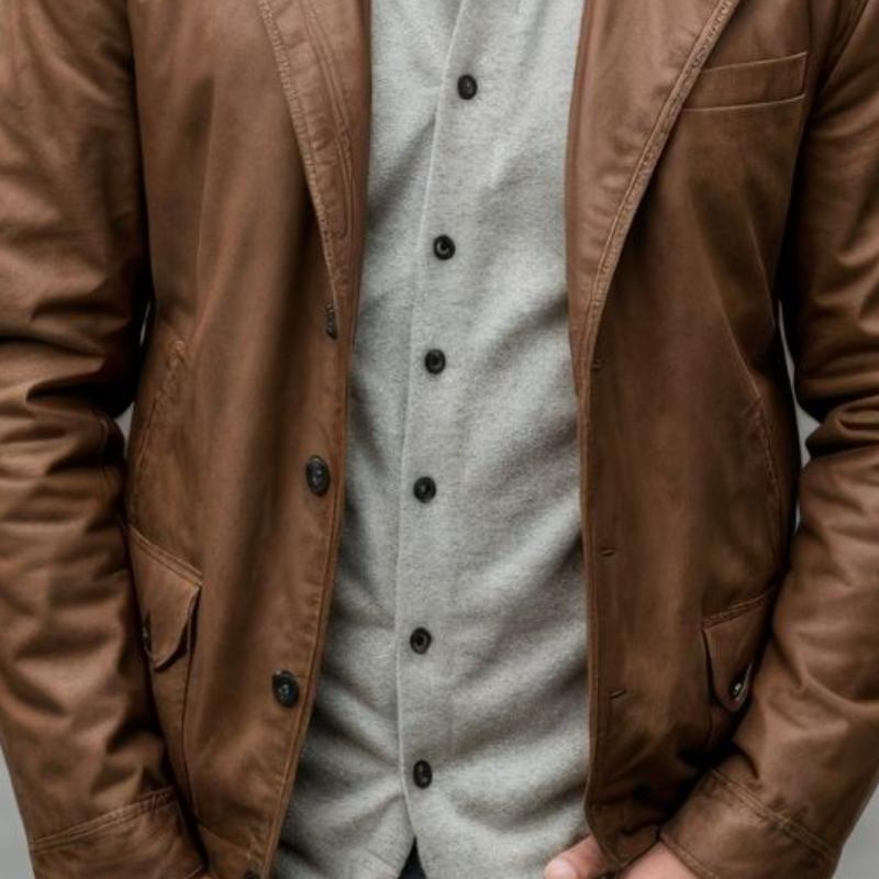 Vintage Leather Notched Lapel Single Breasted Loose Fit Blazer