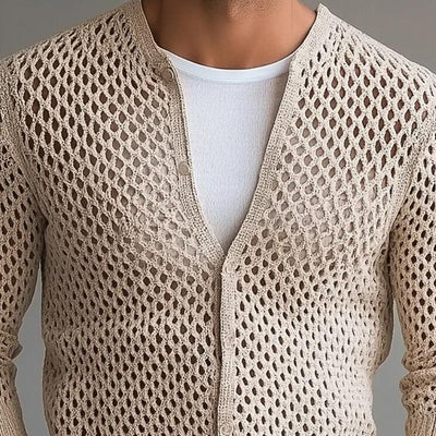 Men's Fashion Solid Color Knit Hollow Crew Neck Cardigan 24757760Y