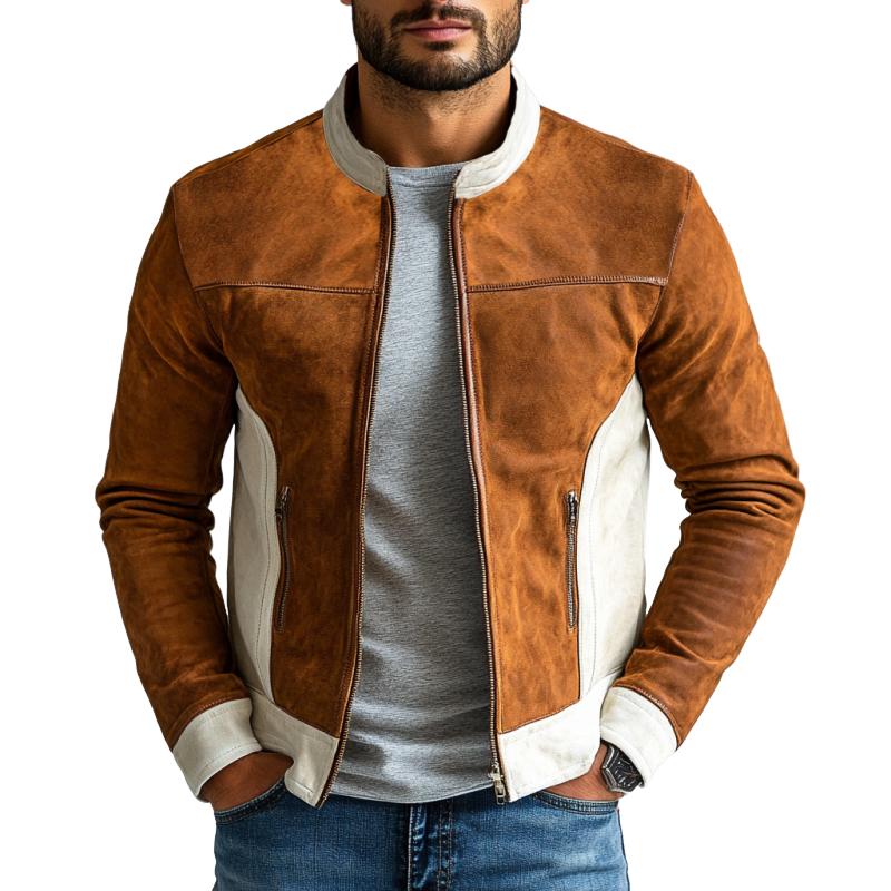 Men's Fashion Suede Colorblock Zipper Stand Collar Jacket