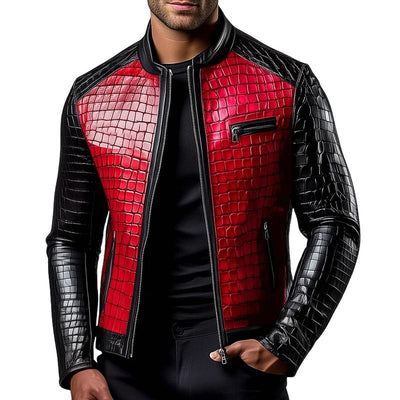 Men's Stylish Stand Collar Zipper Stone Pattern Leather Jacket