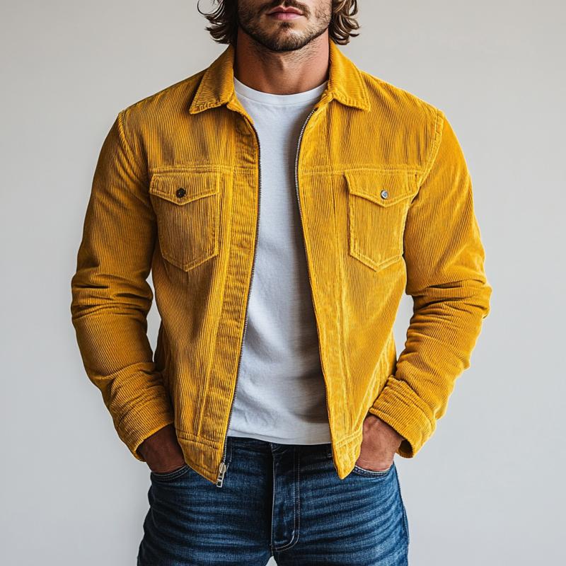 Men's Fashion Corduroy Lapel Double Chest Pockets Jacket