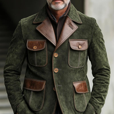 Vintage Suede and Leather Multi-Pocket Single-Breasted Blazer