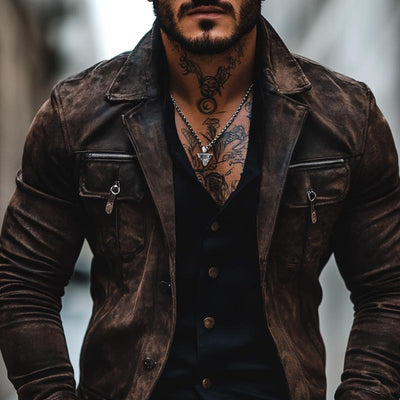 Men's Vintage Distressed Suede Lapel Chest Pocket Single Breasted Jacket